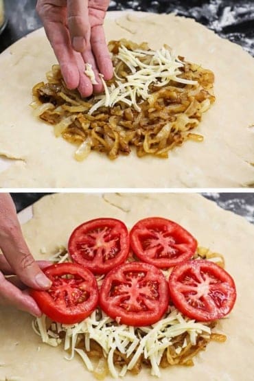 Two images with the first being a person sprinkling shredded Gruyere over caramelized onions in the middle of pid dough and then a person placing sliced tomatoes over the cheese.