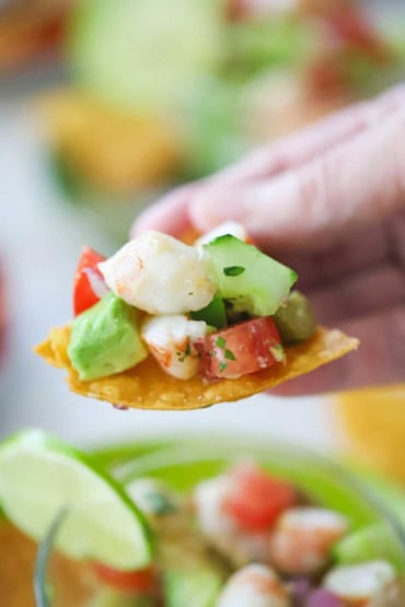 A person holding a crispy corn tortilla chip that is holding a helping of Mexican shrimp ceviche.