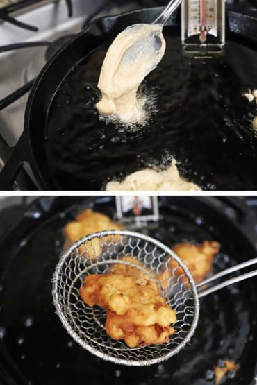 Two images with the first being a spoonful of apple fritters dough being dropped into a skillet filled with hot oil and then an image of the fried fritter being lifted from the oil with a metal spider.