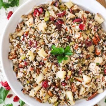 An overhead view of a white bowl filled with a wild rice pilaf with pecans and cranberries, as well as cubed apples, pancetta, and herbs.