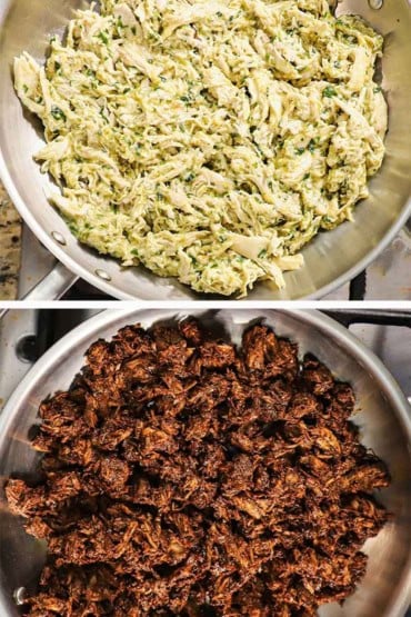 Two images with the first an overhead view of a skillet filled with a shredded green chicken sauce and then the other an overhead view of a skillet filled with shredded Mexican pork.