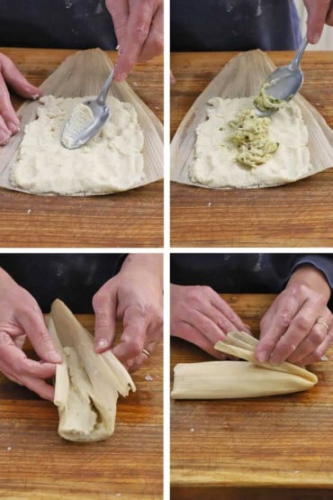 Four images with the first a person spread homemade tamale masa dough over an opened corn husk and then a chicken filling being added, and then the person folding up the sides and then folding up the end of the tamale.