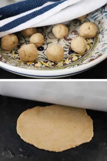 Two images with the first being golf ball-sized ball of dough in a large shallow colorful bowl and then the next being the dough flattened by a marble rolling pin on a dark marble counter.