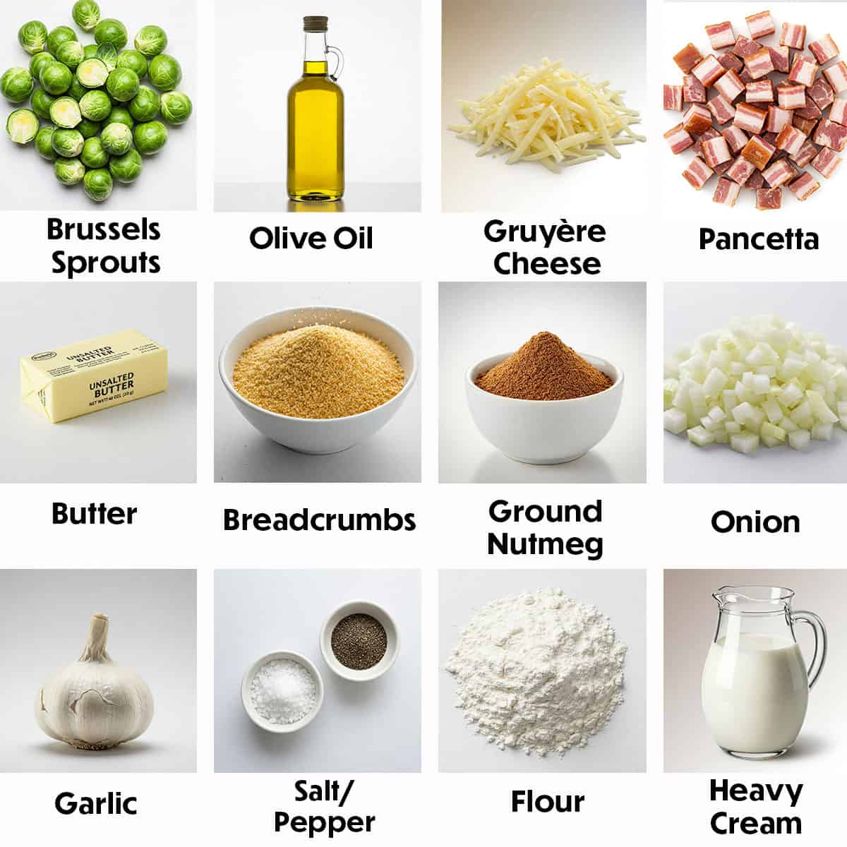 An organized display of ingredients for Brussels Sprouts Gratin on a white background, including fresh Brussels sprouts, creamy cheese, butter, heavy cream, garlic, breadcrumbs, and seasonings, highlighting their vibrant colors and textures.