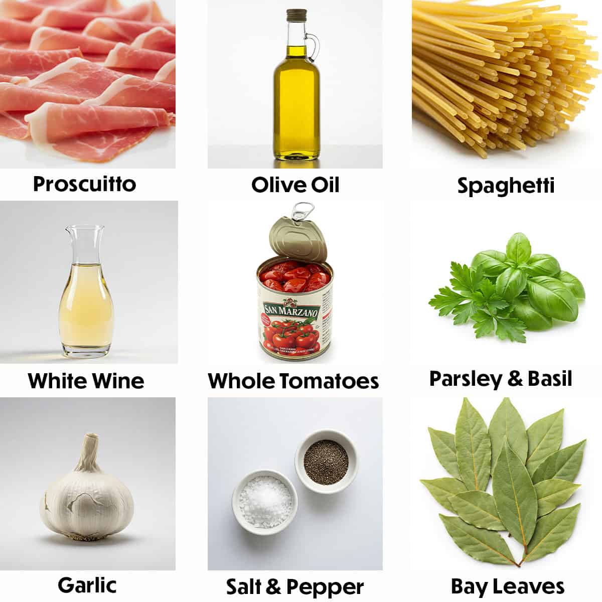 An arrangement of ingredients for Pasta Pomodoro on a white background, featuring tomatoes, fresh basil leaves, garlic cloves, olive oil, and pasta, highlighting the vibrant colors and textures of each component.