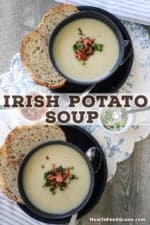 Two bowl sitting side by side both filled with creamy Irish potato soup with a slice of multi-grain bread nearby.