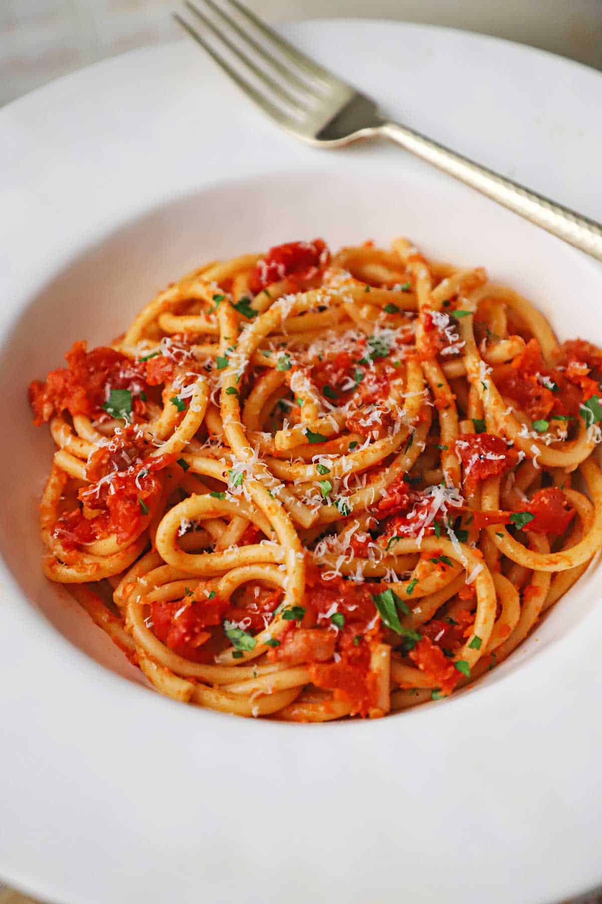 A white pasta bowl with a wide lip is filled with bucatini all'Amatriciana and garnish with chopped Italian parsley.