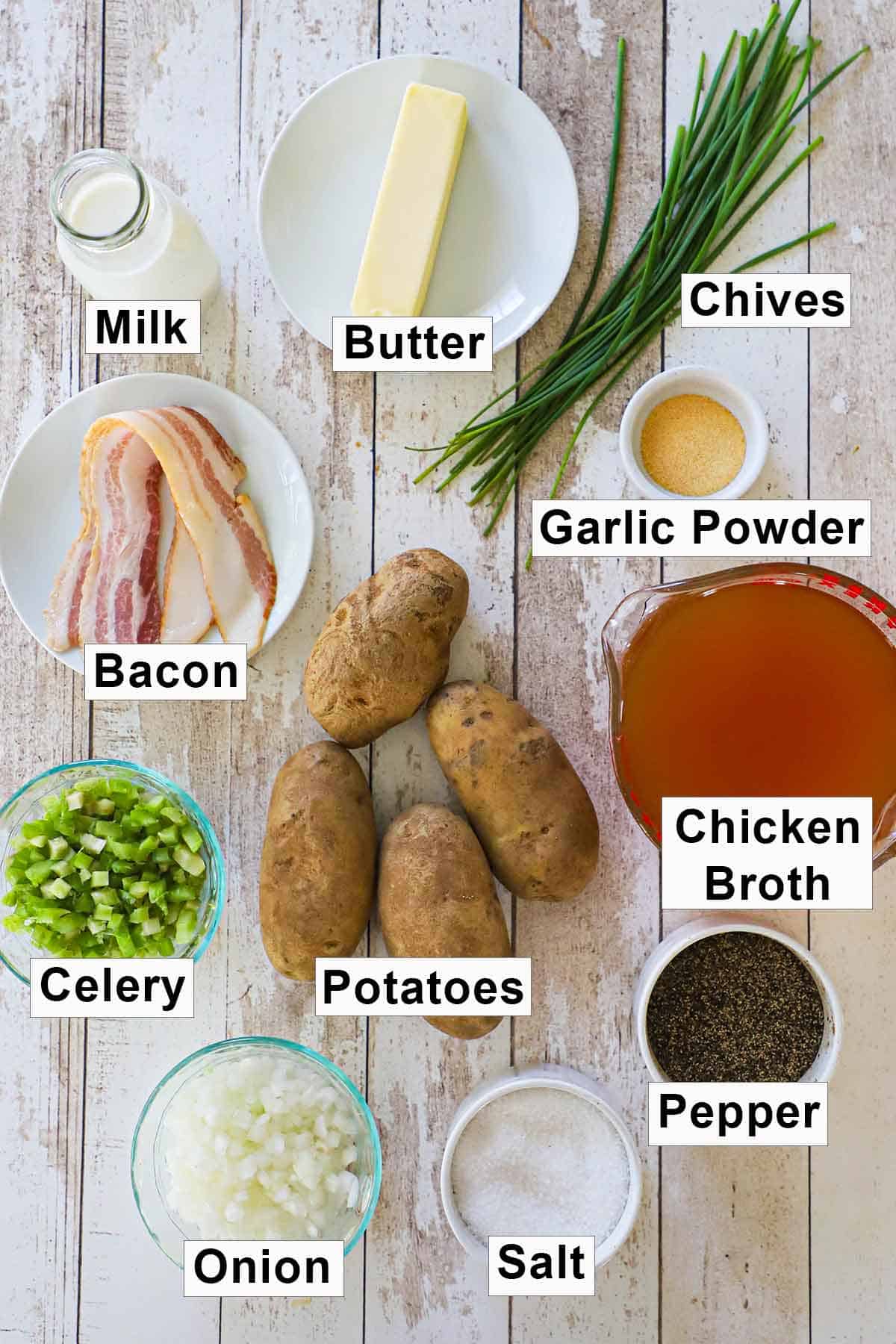 A collection of uncooked ingredients for creamy Irish potato soup.