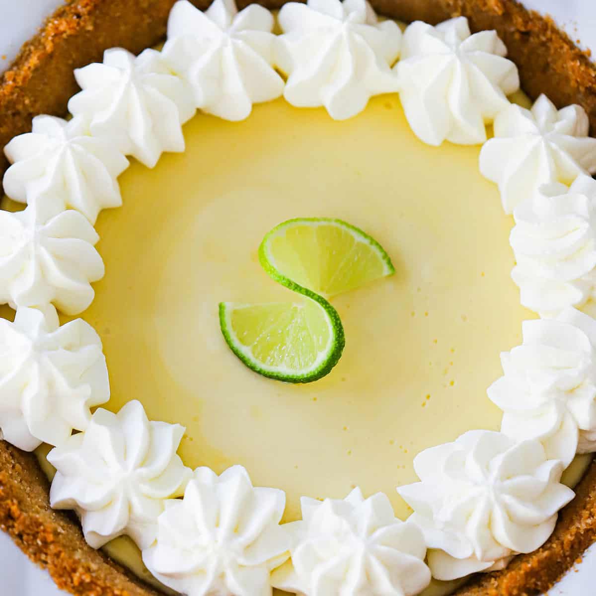 A key lime pie with whipped cream pinwheels along the top edges of the pie and a thin lime slice that has been sliced and formed a twist in the center of the pie.
