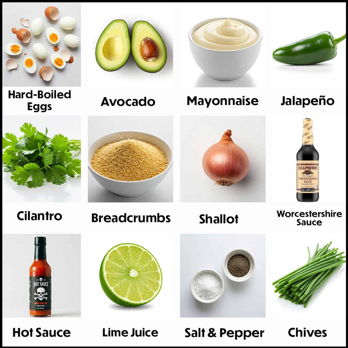 The ingredients for avocado deviled eggs displayed on a white background, including halved hard-boiled eggs, ripe avocados, lime, mayonnaise, garlic powder, salt, and pepper, all arranged neatly for easy preparation.