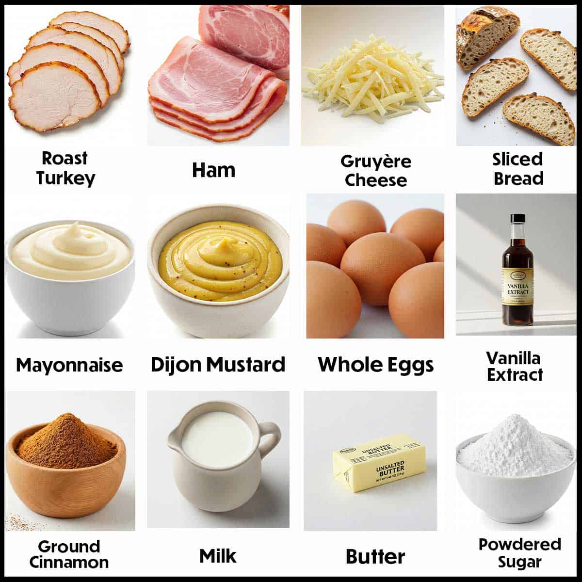 The ingredients for a Monte Cristo sandwich displayed on a white background, including slices of bread, ham, turkey, Gruyere cheese, eggs, milk, and powdered sugar, all arranged neatly for easy preparation.