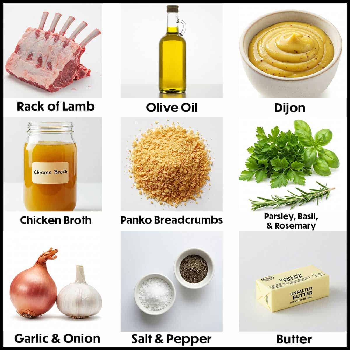 An arrangement of ingredients for roast rack of lamb persillade on a white background including a Frenched rack of lam, olive oil, broth, breadcrumbs, herbs, garlic, onion, salt, pepper, and butter.