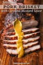 A person using a spoon to pour a line of Carolina mustard sauce over sliced pork brisket.