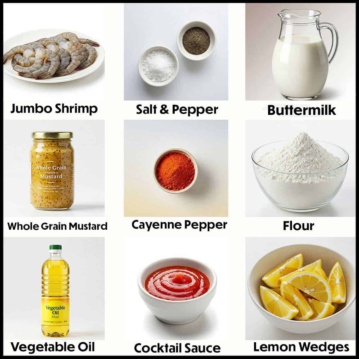 The ingredients for Southern-fried shrimp arranged on a white background, including raw shrimp, flour, buttermilk, seasonings, and vegetable oil, all neatly organized for easy preparation.