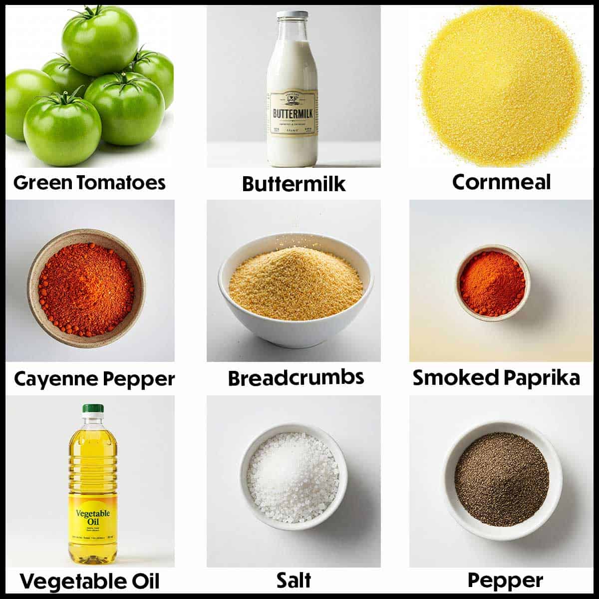 The ingredients for fried green tomatoes displayed on a white background, including sliced green tomatoes, cornmeal, flour, eggs, buttermilk, salt, and pepper, all arranged neatly for easy preparation.