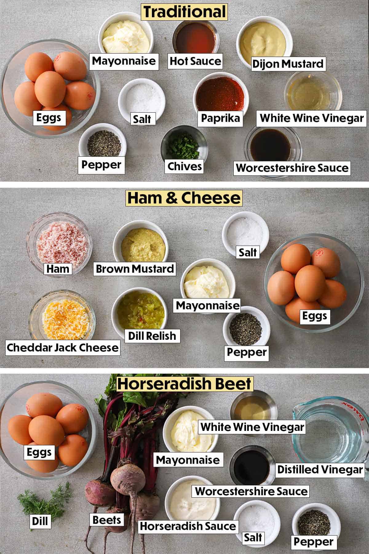 A view of the ingredients for three types of deviled eggs, including traditional ingredients like hard-boiled eggs, mayonnaise, mustard, and paprika, alongside ham and cheese ingredients such as diced ham and shredded cheese, and beet horseradish components like pickled beets and horseradish, all neatly arranged on a wooden cutting board.