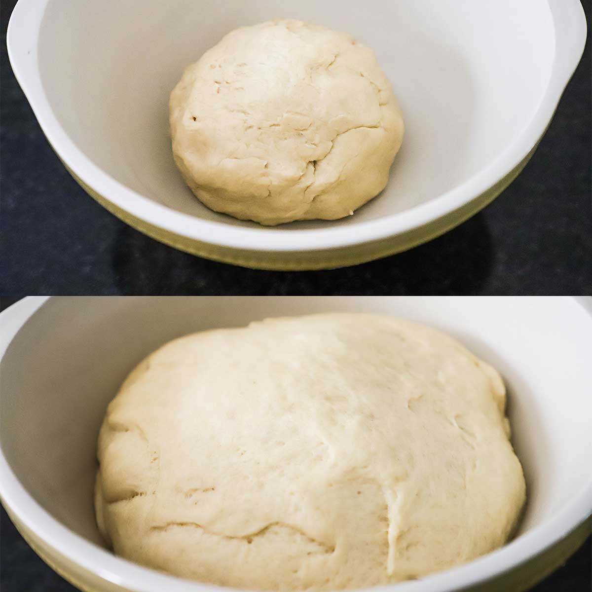 A ball of cloverleaf dinner rolls dough before it has risen and then in the same bowl after it's doubled in size.