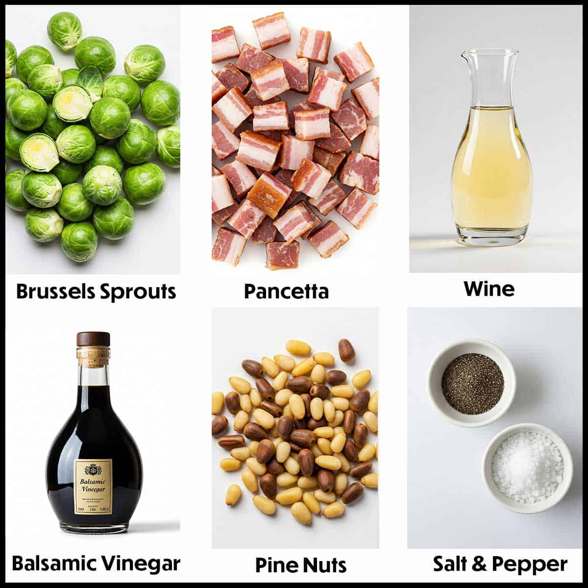 An arrangement of ingredients on a white background for shaved Brussels sprouts with balsamic and pancetta including fresh Brussels sprouts, cubed pancetta, a carafe of white wine, balsamic vinegar, pine nuts, salt, and pepper.
