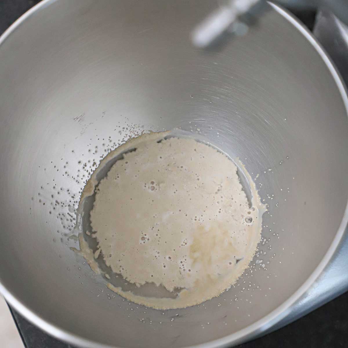 A bowl of a stand-mixer that has water and foamy yeast in the bottom of it.