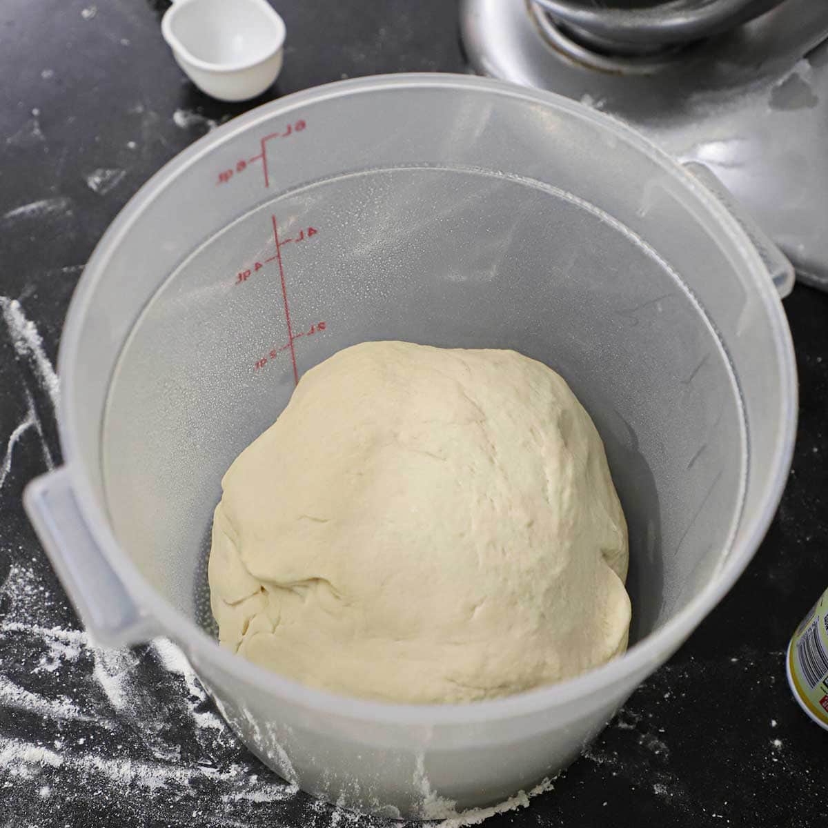 A ball of un-risen bread dough in a plastic dough container on a black counter with flour scattered around.