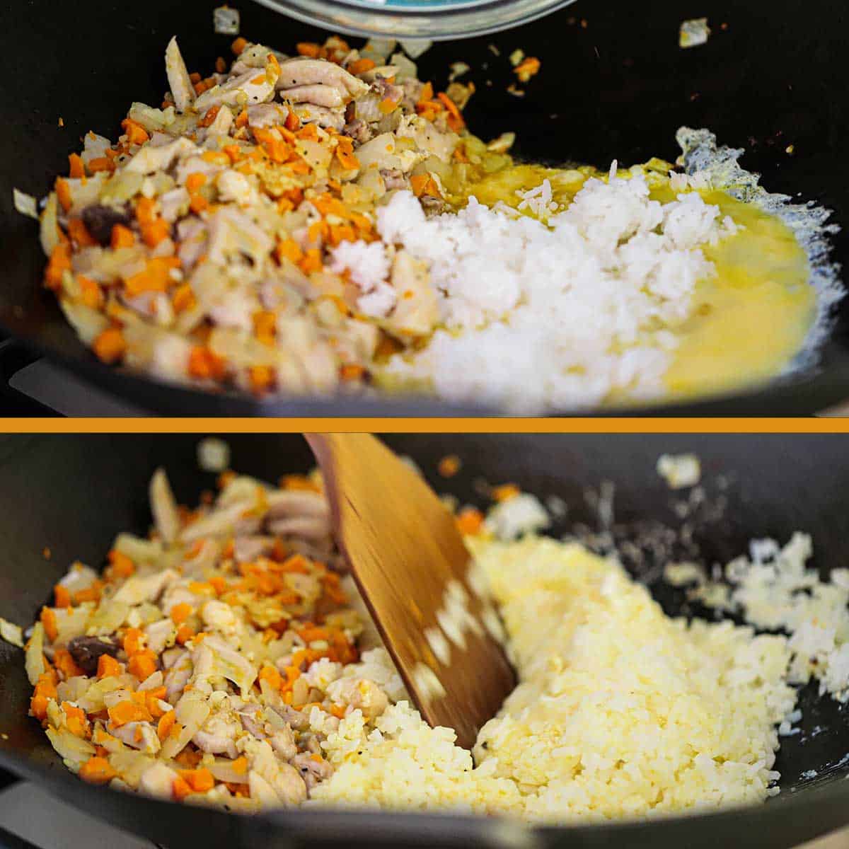 First a wok filled with sautéed chicken pieces and vegetables on one side and eggs topped with white rice on the other, and then a spatula being used to mix the rice with the eggs.