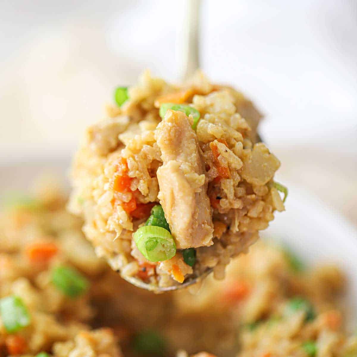 A large serving spoon being raised with a mound of chicken fried rice on it.