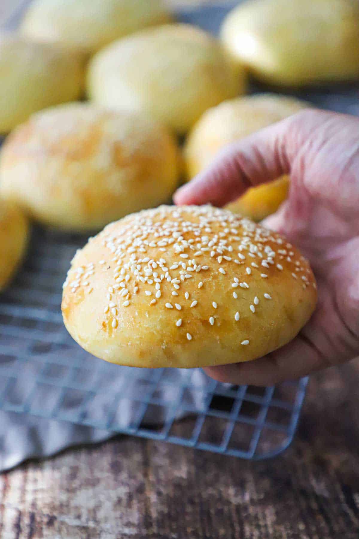 A person holding a homemade hamburger bun that is topped with sesame seeds with his hand over a baking rack filled with more buns.