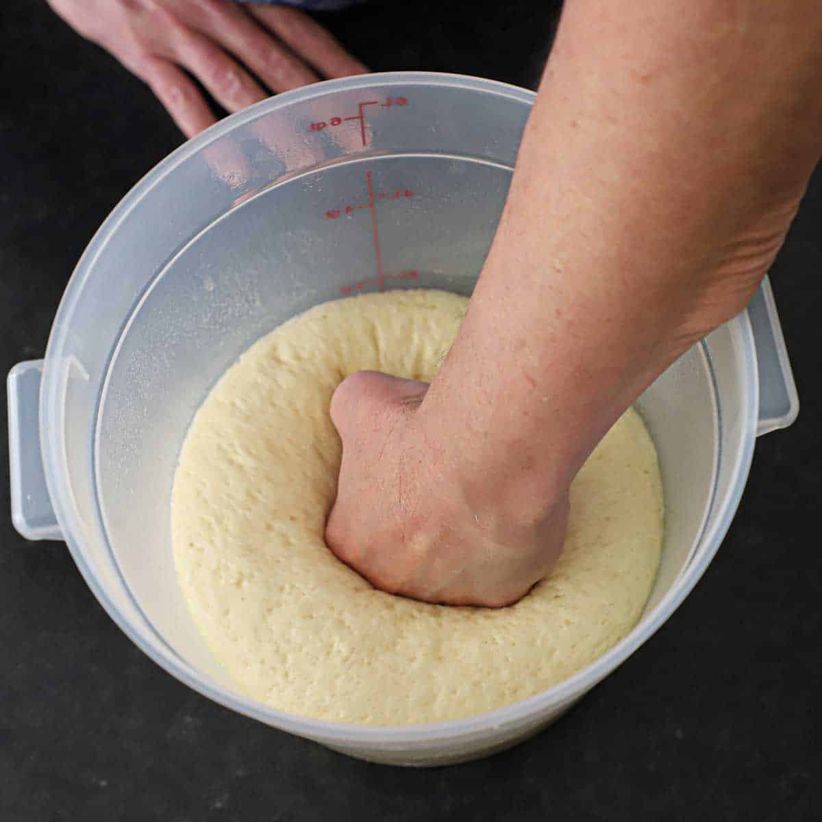 A person using his fist to punch down risen dough in a plastic proofing container.