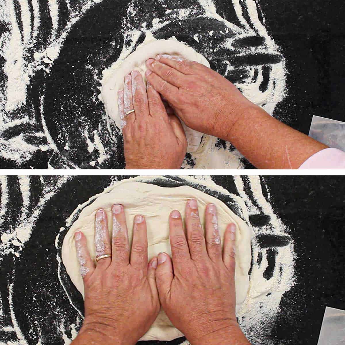 Two photos with the first being a person using his hand to stretch New York-style pizza dough on a floured surface and then the other photo of the dough being stretched even further.