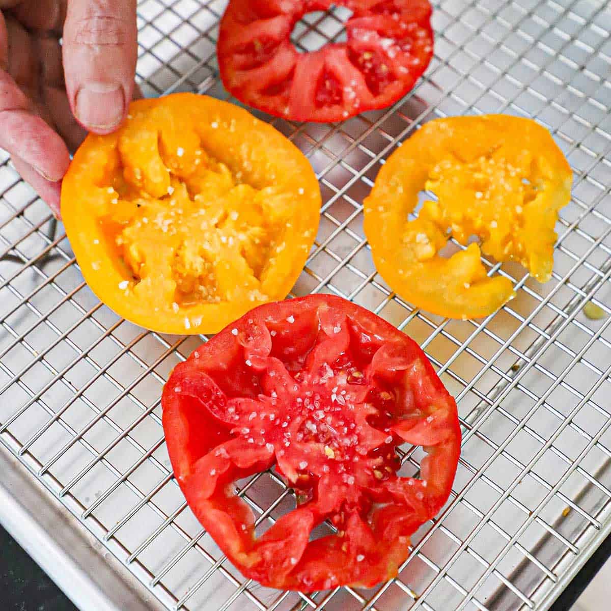 A person placing salted slices of colorful heirloom tomatoes onto a wire baking rack on a silver sheet pan.