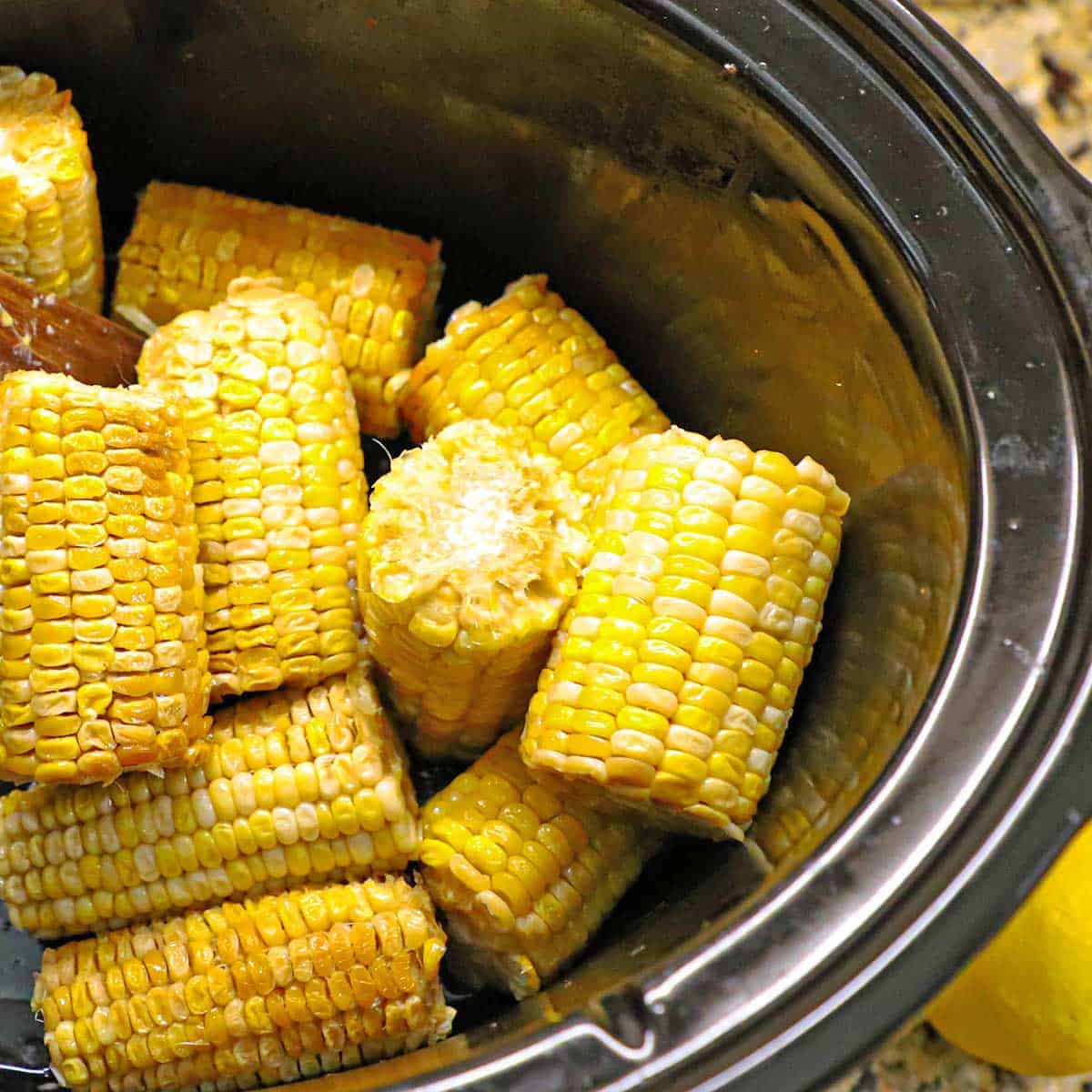 A pile of corn on the cob that is being slowly cooked in the base of a black slow cooker.