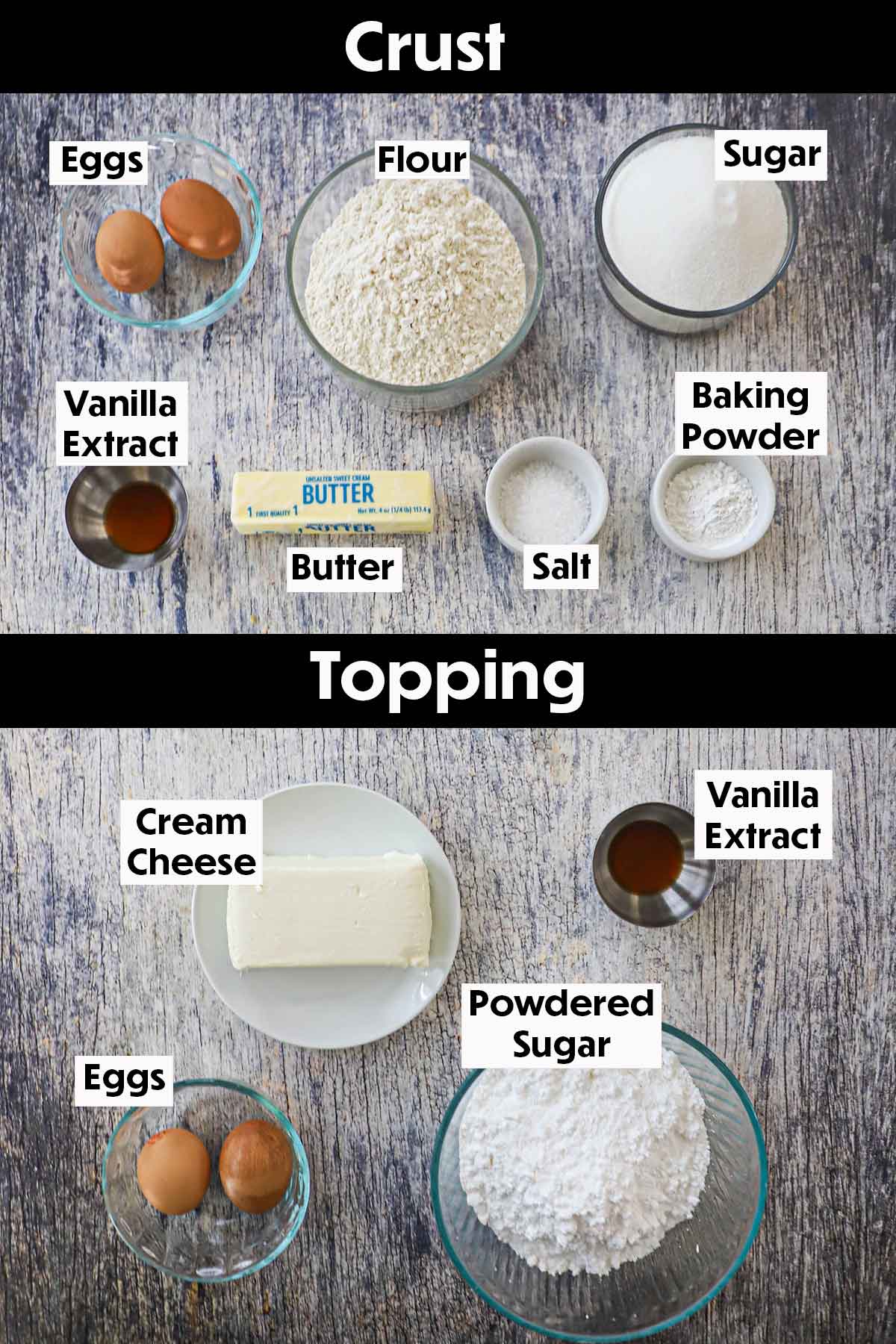 An arrangement of ingredients for Gooey Butter Cake on a grey wooden background including flour, eggs, sugar, butter, vanilla, baking powder, salt, and cream cheese.