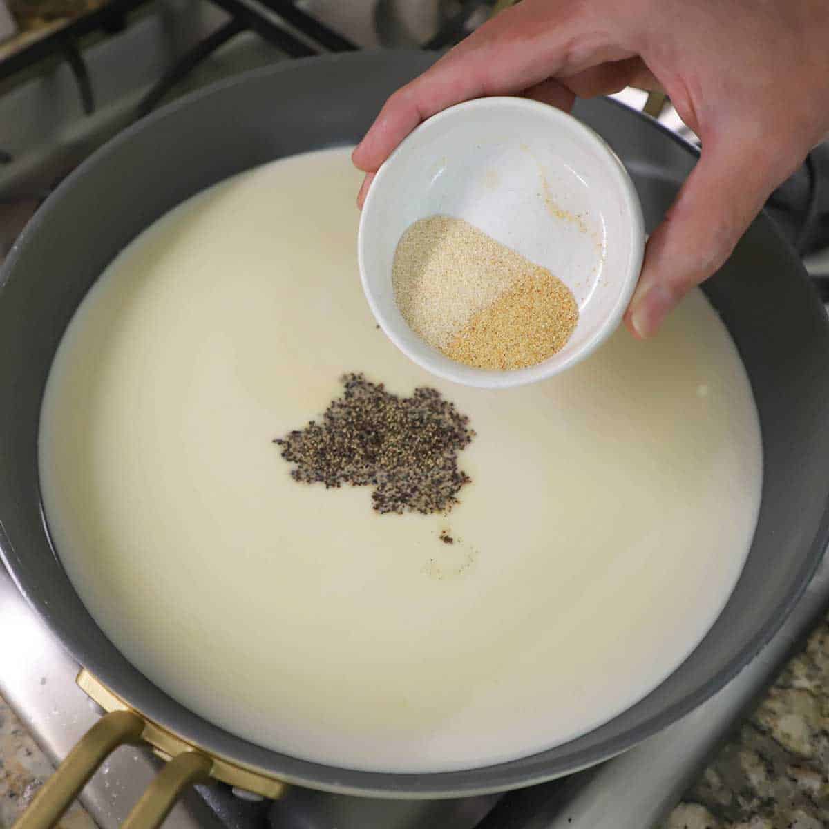 A person holding a small bowl filled with a teaspoon of onion powder and a teaspoon of garlic powder over a skillet filled with bechamel sauce with ground black pepper in the middle.