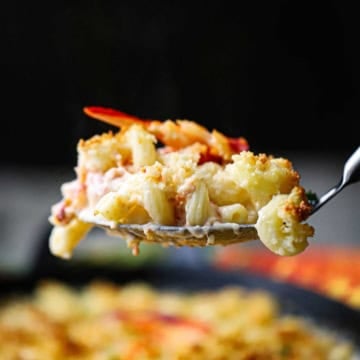 A large serving spoon being used to raise a serving of homemade lobster mac and cheese over a dish of the same.